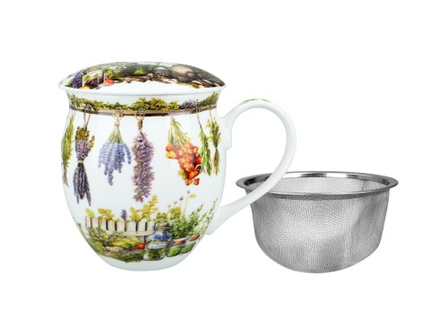 Kubek beczka 470ml z przykrywką i zaparzaczem-sitkiem - Zioła (CARMANI)