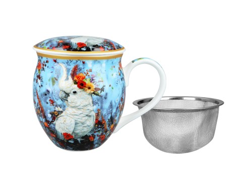 Kubek beczka 470ml z przykrywką i zaparzaczem-sitkiem - Papuga Kakadu (CARMANI)