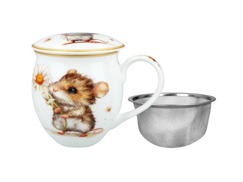 Kubek beczka 470ml z przykrywką i zaparzaczem-sitkiem - Myszka w ogrodzie (CARMANI)