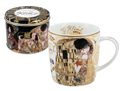 Carmani, kubek w puszce - G. Klimt. Pocałunek - kremowe tło